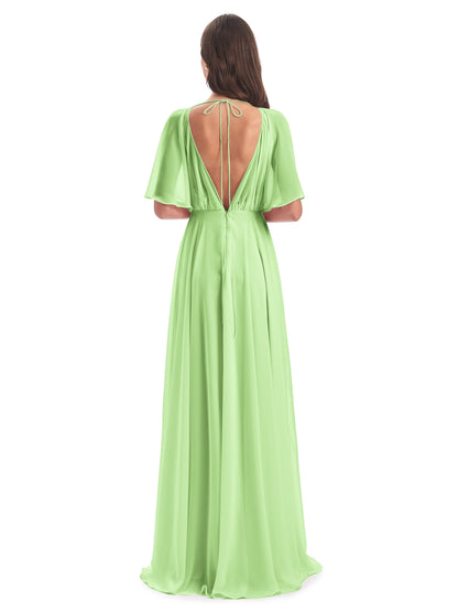 Hazel V-Neck Short Sleeves Chiffon Long Bridesmaid Dresses
