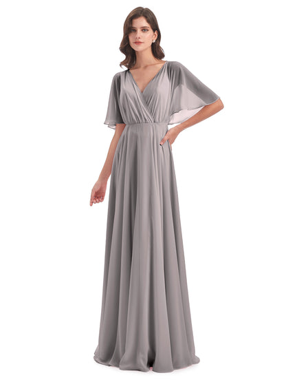 Hazel V-Neck Short Sleeves Chiffon Long Bridesmaid Dresses