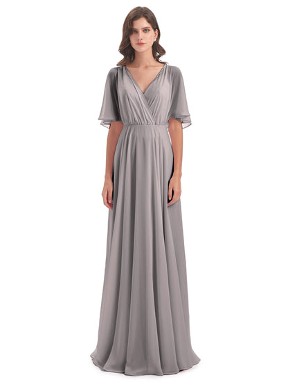 Hazel V-Neck Short Sleeves Chiffon Long Bridesmaid Dresses