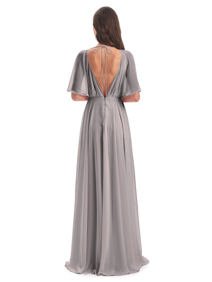 Hazel V-Neck Short Sleeves Chiffon Long Bridesmaid Dresses