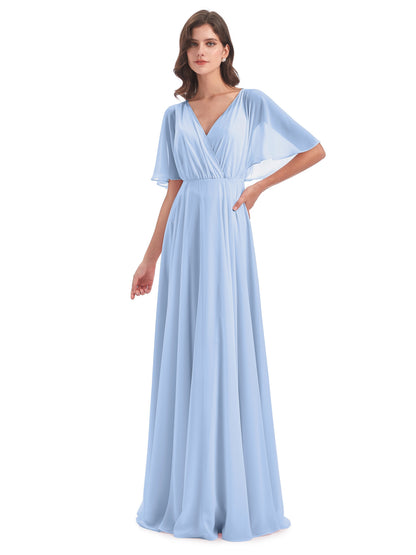 Hazel V-Neck Short Sleeves Chiffon Long Bridesmaid Dresses
