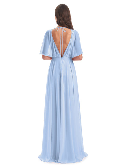 Hazel V-Neck Short Sleeves Chiffon Long Bridesmaid Dresses
