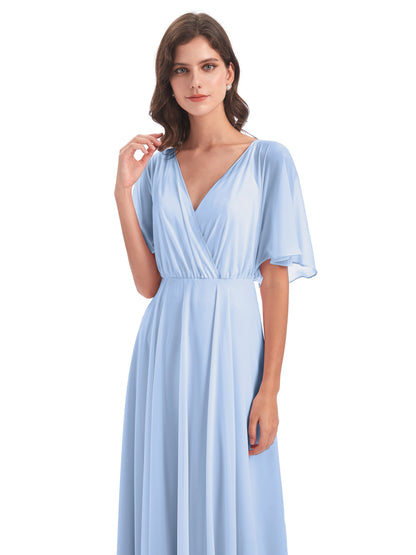 Hazel V-Neck Short Sleeves Chiffon Long Bridesmaid Dresses
