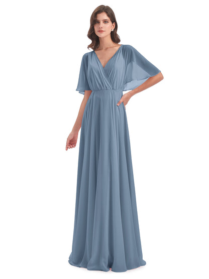 Hazel V-Neck Short Sleeves Chiffon Long Bridesmaid Dresses