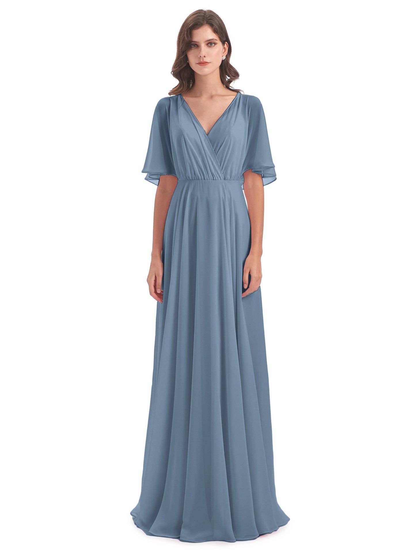Hazel V-Neck Short Sleeves Chiffon Long Bridesmaid Dresses