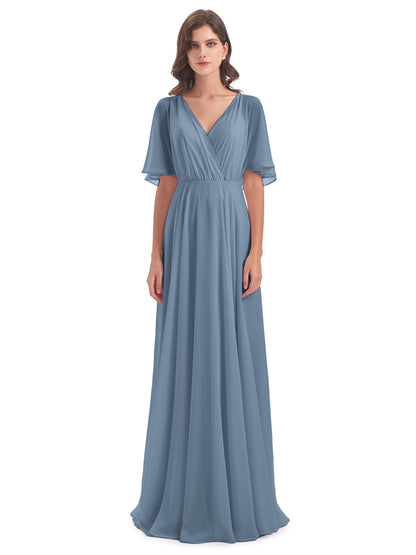 Hazel V-Neck Short Sleeves Chiffon Long Bridesmaid Dresses