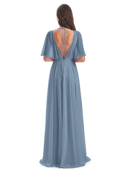 Hazel V-Neck Short Sleeves Chiffon Long Bridesmaid Dresses