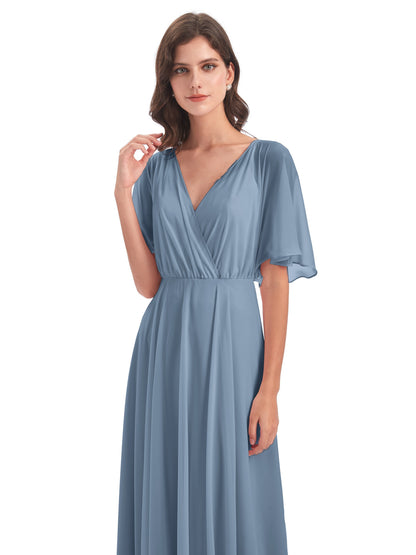 Hazel V-Neck Short Sleeves Chiffon Long Bridesmaid Dresses