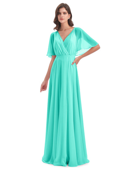 Hazel V-Neck Short Sleeves Chiffon Long Bridesmaid Dresses