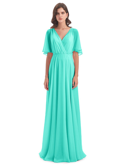 Hazel V-Neck Short Sleeves Chiffon Long Bridesmaid Dresses