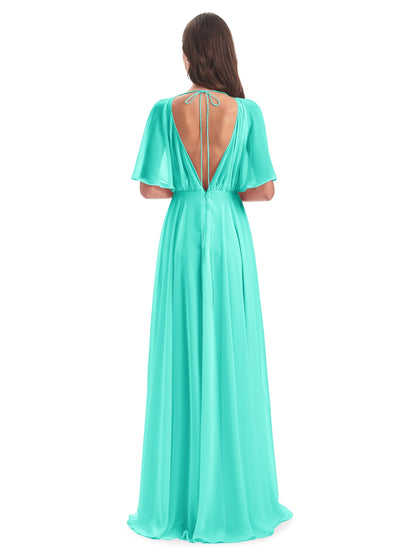 Hazel V-Neck Short Sleeves Chiffon Long Bridesmaid Dresses