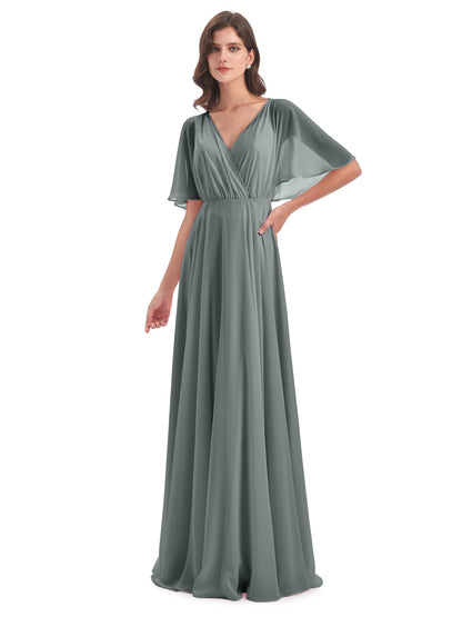 Hazel V-Neck Short Sleeves Chiffon Long Bridesmaid Dresses