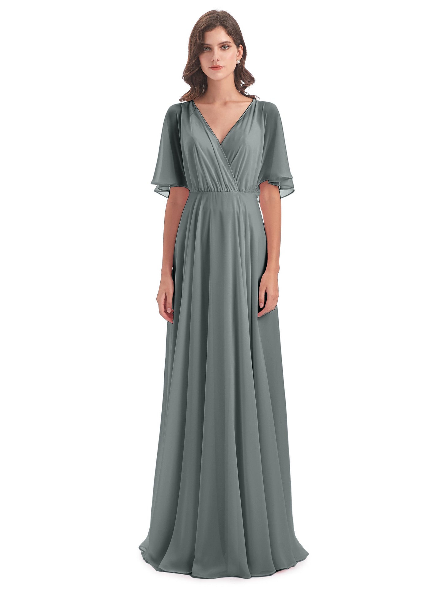 Hazel V-Neck Short Sleeves Chiffon Long Bridesmaid Dresses