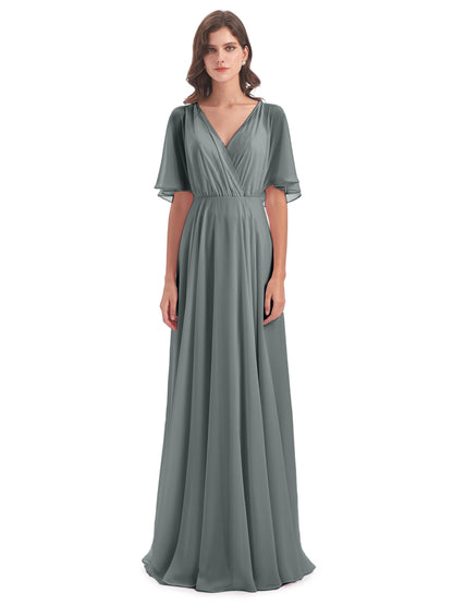 Hazel V-Neck Short Sleeves Chiffon Long Bridesmaid Dresses