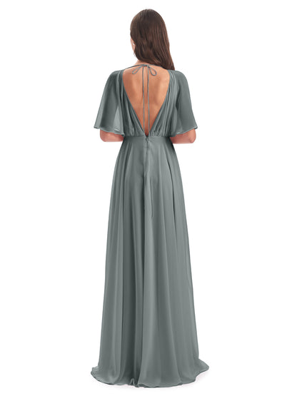 Hazel V-Neck Short Sleeves Chiffon Long Bridesmaid Dresses