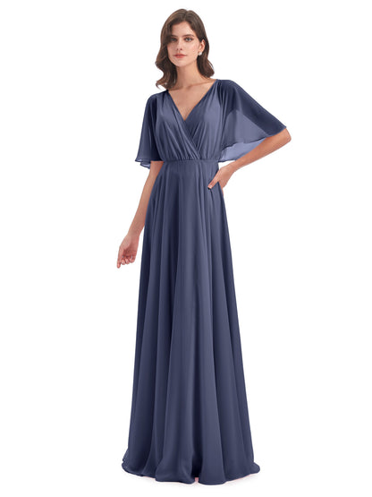 Hazel V-Neck Short Sleeves Chiffon Long Bridesmaid Dresses