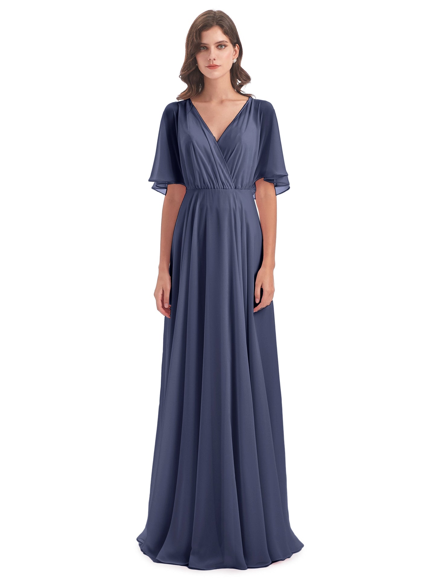 Hazel V-Neck Short Sleeves Chiffon Long Bridesmaid Dresses