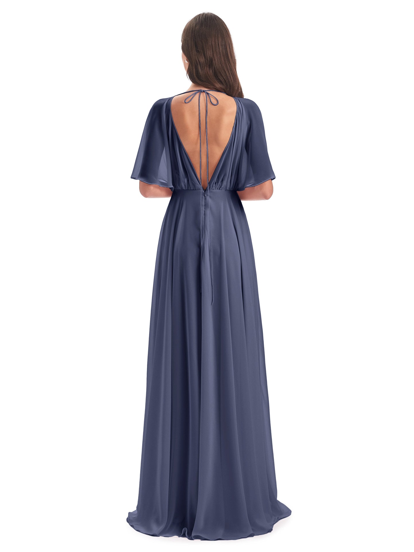 Hazel V-Neck Short Sleeves Chiffon Long Bridesmaid Dresses