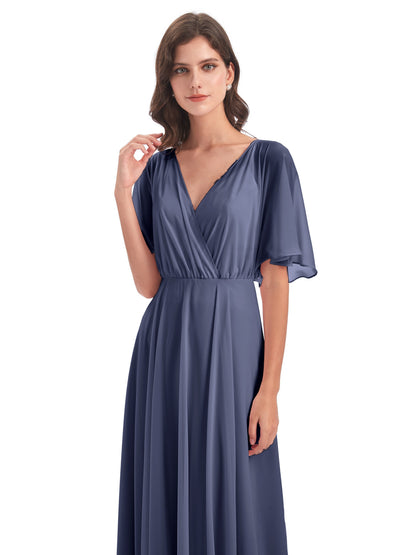 Hazel V-Neck Short Sleeves Chiffon Long Bridesmaid Dresses
