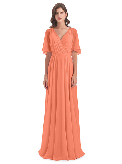 Hazel V-Neck Short Sleeves Chiffon Long Bridesmaid Dresses