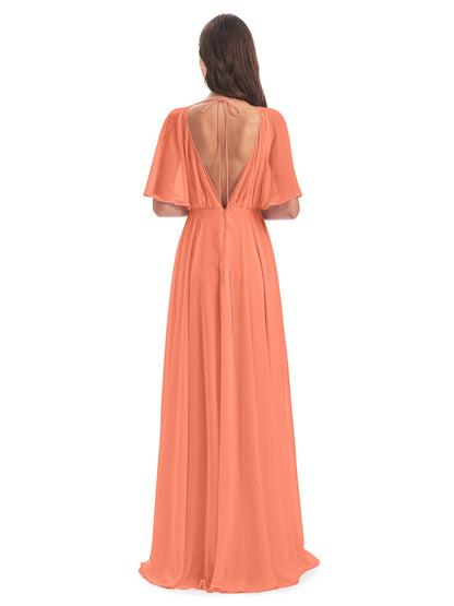 Hazel V-Neck Short Sleeves Chiffon Long Bridesmaid Dresses