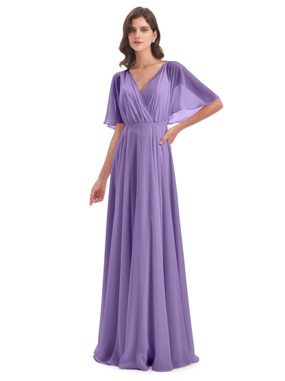 Hazel V-Neck Short Sleeves Chiffon Long Bridesmaid Dresses