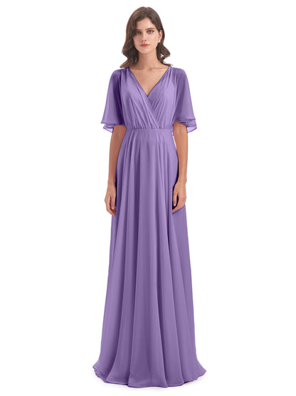Hazel V-Neck Short Sleeves Chiffon Long Bridesmaid Dresses