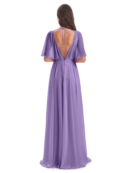 Hazel V-Neck Short Sleeves Chiffon Long Bridesmaid Dresses