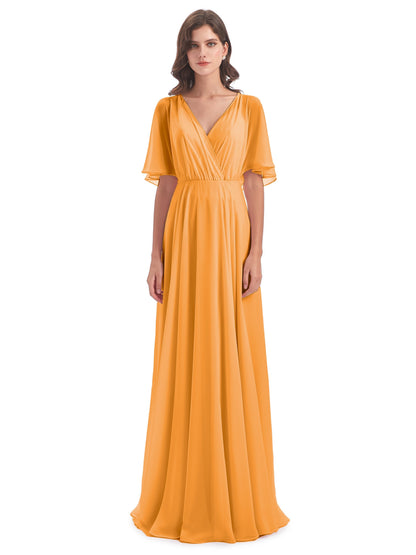 Hazel V-Neck Short Sleeves Chiffon Long Bridesmaid Dresses