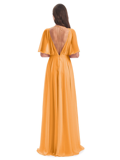 Hazel V-Neck Short Sleeves Chiffon Long Bridesmaid Dresses