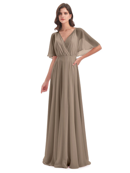 Hazel V-Neck Short Sleeves Chiffon Long Bridesmaid Dresses