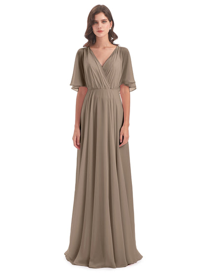 Hazel V-Neck Short Sleeves Chiffon Long Bridesmaid Dresses