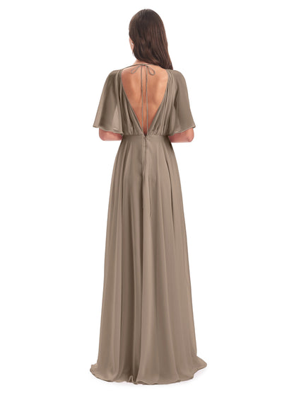 Hazel V-Neck Short Sleeves Chiffon Long Bridesmaid Dresses