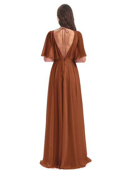 Hazel V-Neck Short Sleeves Chiffon Long Bridesmaid Dresses
