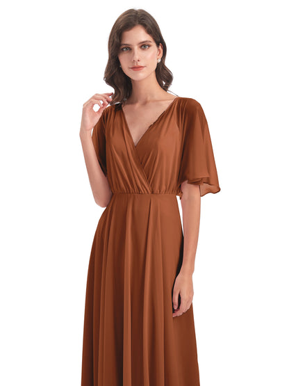 Hazel V-Neck Short Sleeves Chiffon Long Bridesmaid Dresses