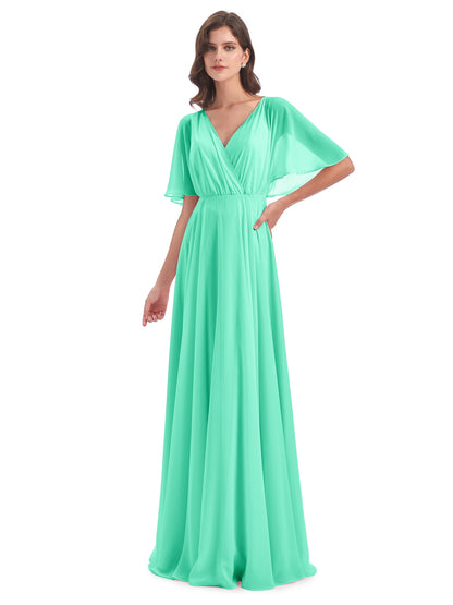 Hazel V-Neck Short Sleeves Chiffon Long Bridesmaid Dresses