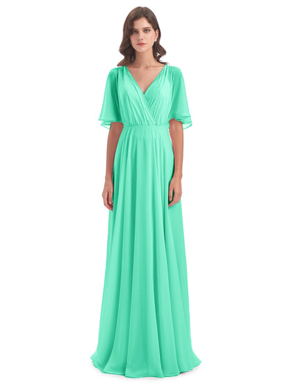 Hazel V-Neck Short Sleeves Chiffon Long Bridesmaid Dresses