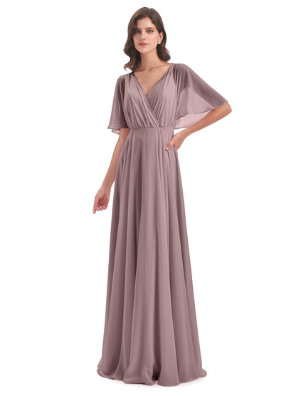 Hazel V-Neck Short Sleeves Chiffon Long Bridesmaid Dresses