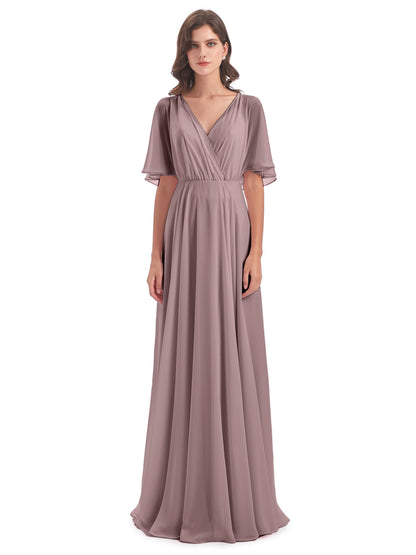 Hazel V-Neck Short Sleeves Chiffon Long Bridesmaid Dresses
