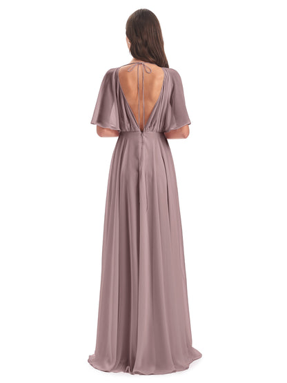 Hazel V-Neck Short Sleeves Chiffon Long Bridesmaid Dresses