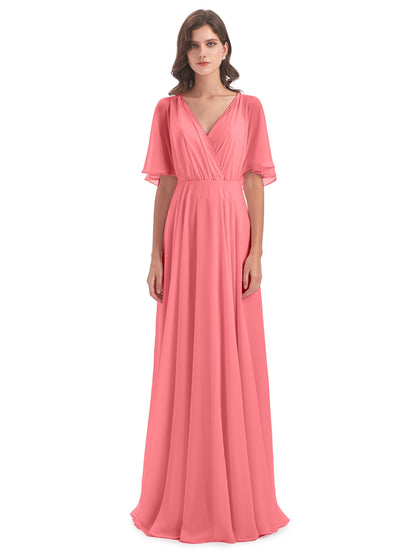 Hazel V-Neck Short Sleeves Chiffon Long Bridesmaid Dresses