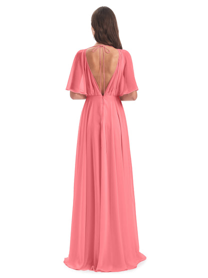 Hazel V-Neck Short Sleeves Chiffon Long Bridesmaid Dresses