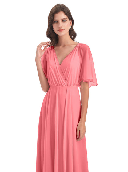 Hazel V-Neck Short Sleeves Chiffon Long Bridesmaid Dresses