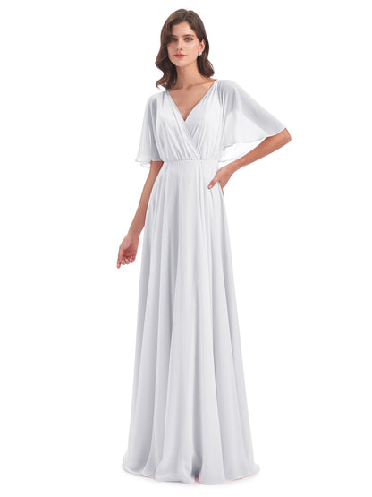 Hazel V-Neck Short Sleeves Chiffon Long Bridesmaid Dresses