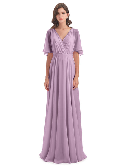 Hazel V-Neck Short Sleeves Chiffon Long Bridesmaid Dresses