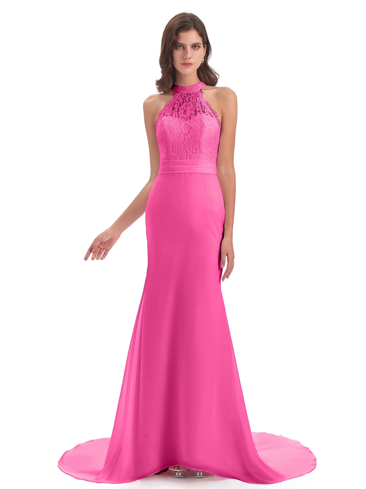 Jenny Court Train Halter Lace Bridesmaid Dresses