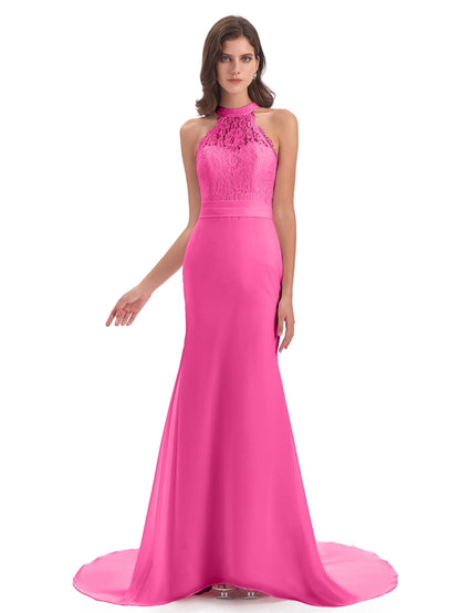 Jenny Court Train Halter Lace Bridesmaid Dresses