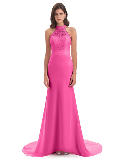 Jenny Court Train Halter Lace Bridesmaid Dresses