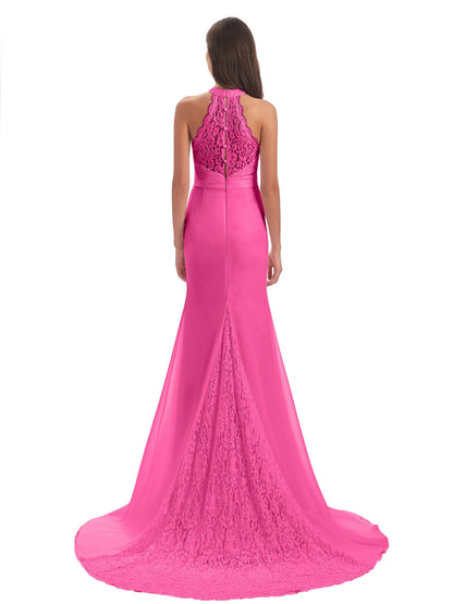 Jenny Court Train Halter Lace Bridesmaid Dresses