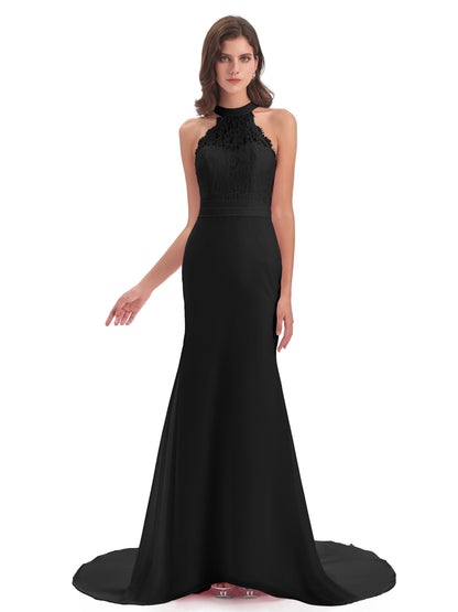 Jenny Court Train Halter Lace Bridesmaid Dresses